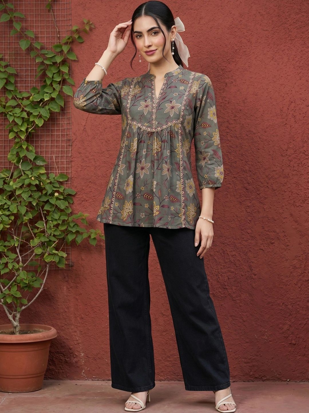 Mamicha Floral Print Mandarin Collar Puff Sleeve Cotton Top