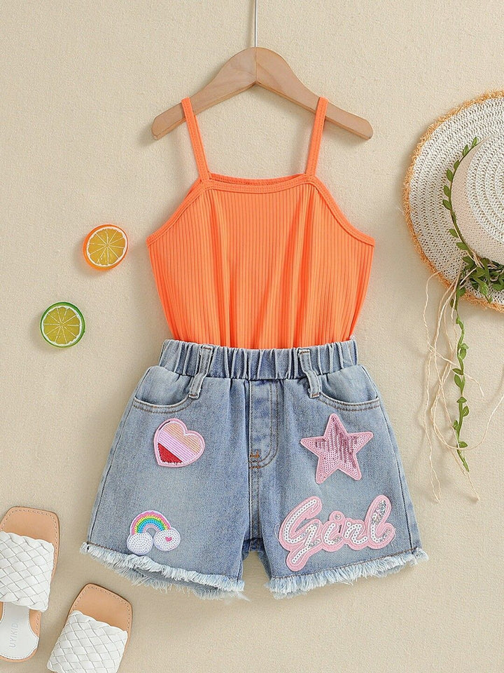 YK Girls Conversational Printed Denim Shorts