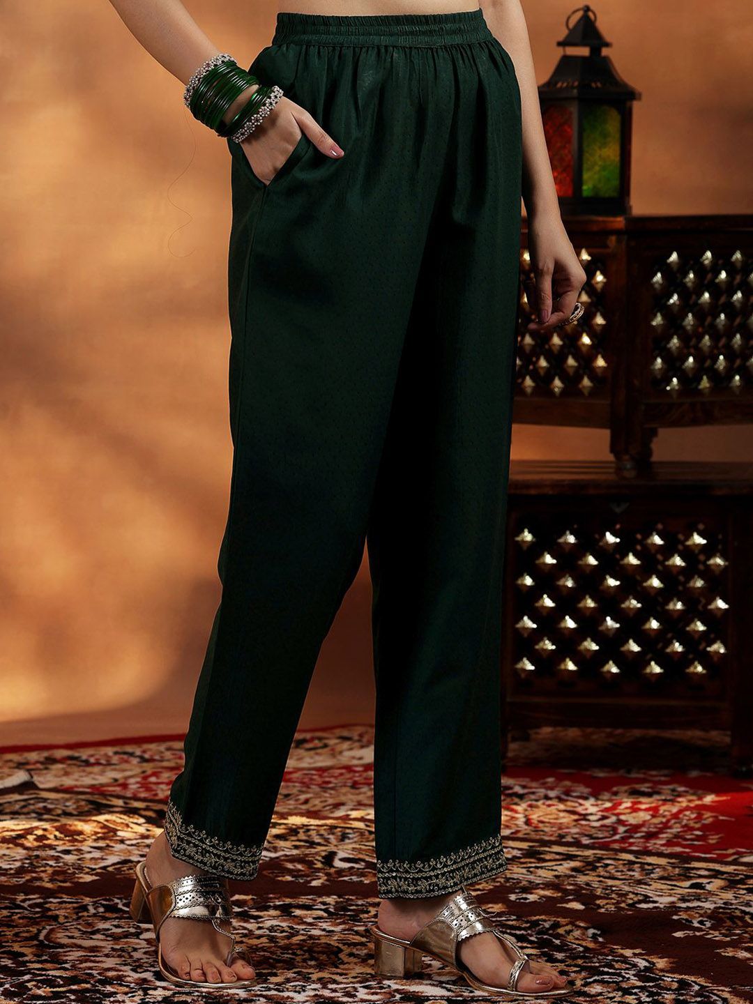 Libas Floral Yoke Design Zari Work Pleated Dobby Weave A-Line Kurta With Trouser & Dupatta