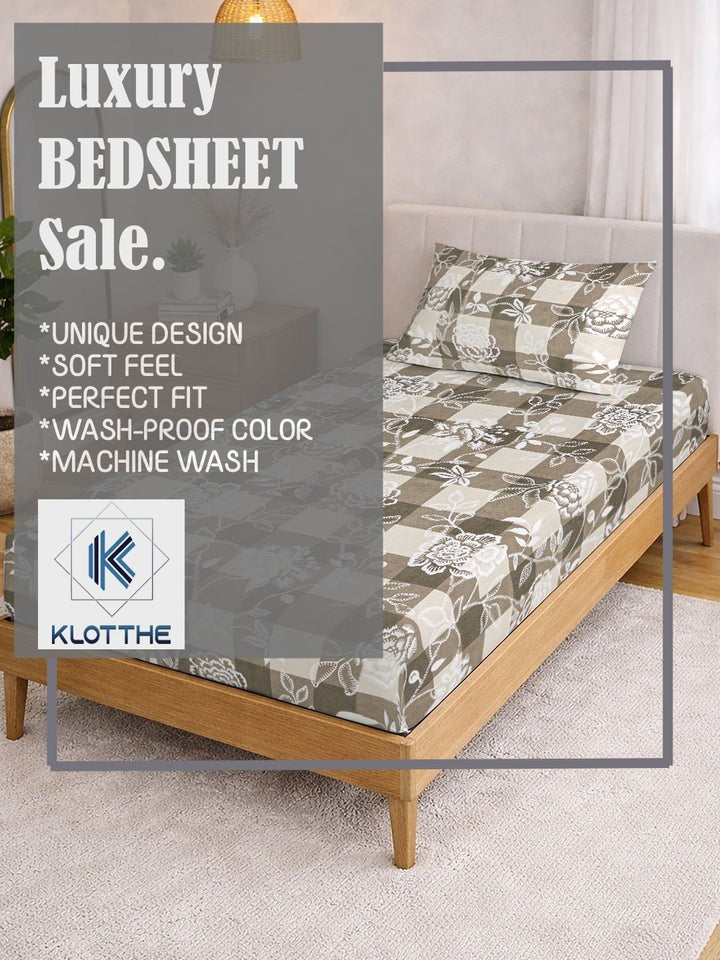 KLOTTHE Beige & White Printed 300 TC Cadar Katil Single Dengan Sarung Bantal- 2.25 m x 1.5 m