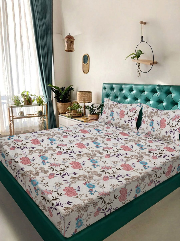 Aura White & Pink Floral Printed 300 TC King Bedsheet Set 2.25 m x 2.5 m