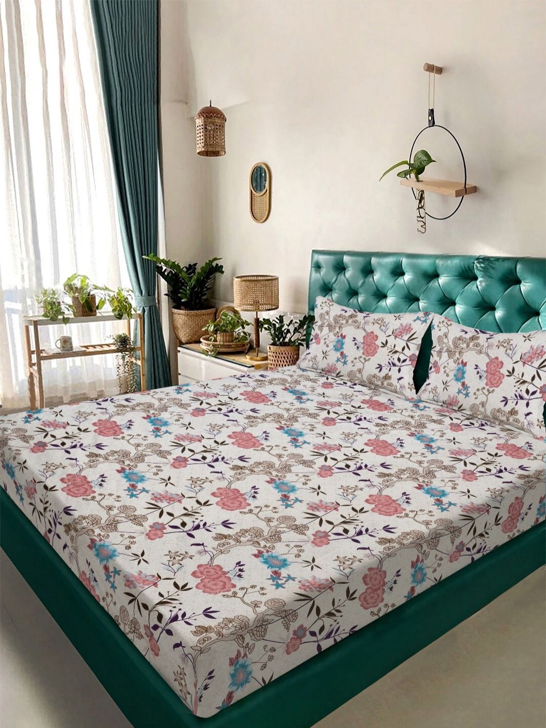 Aura White & Pink Floral Printed 300 TC King Bedsheet Set 2.25 m x 2.5 m