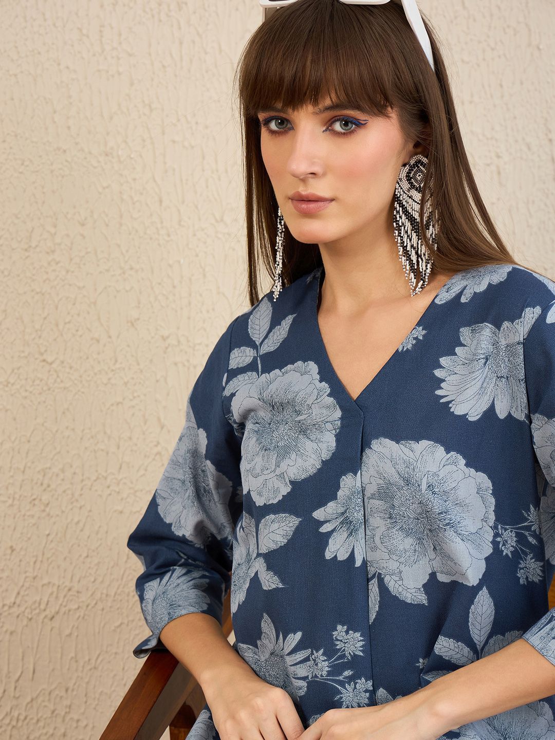 Indo Era Floral Printed Pleated V Neck Straight Kurta With Trousers