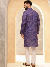 SOJANYA Ethnic Motifs Printed Band Collar Cotton Linen Straight Kurta