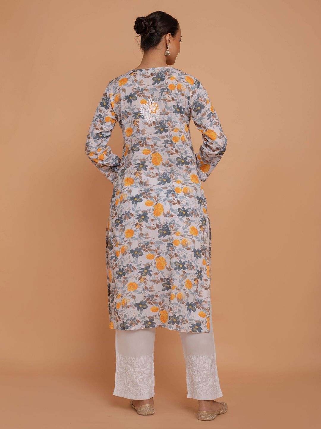 HOUSE OF KARI Floral Printed Notched Neck Chikankari Pure Cotton Straight Kurta