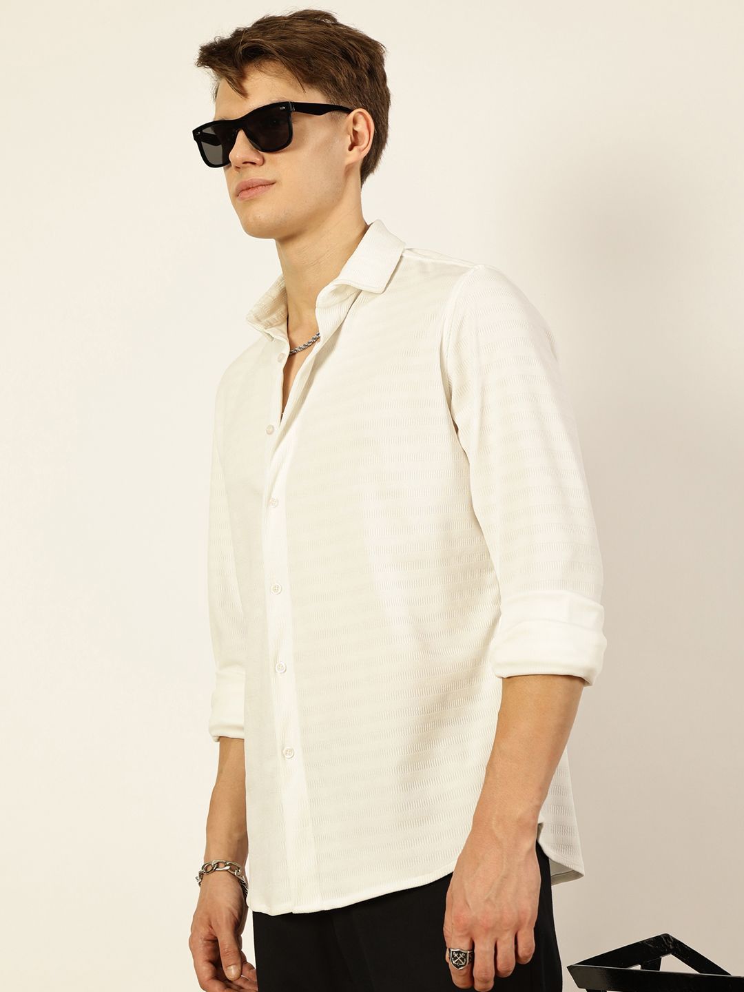 Thomas Scott Men Premium Spread Collar Horizontal Striped Casual Shirt