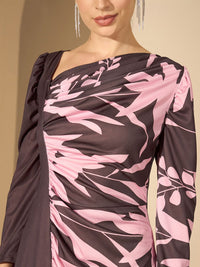 Antheaa Printed Puff Sleeve Sheath Midi Dress