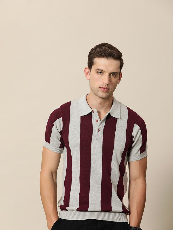Mr Bowerbird Tailored Fit Striped Polo Collar Pure Cotton T-shirt