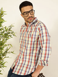 Thomas Scott Men Premium Spread Collar Tartan Checked Cotton Slim Fit Casual Shirt