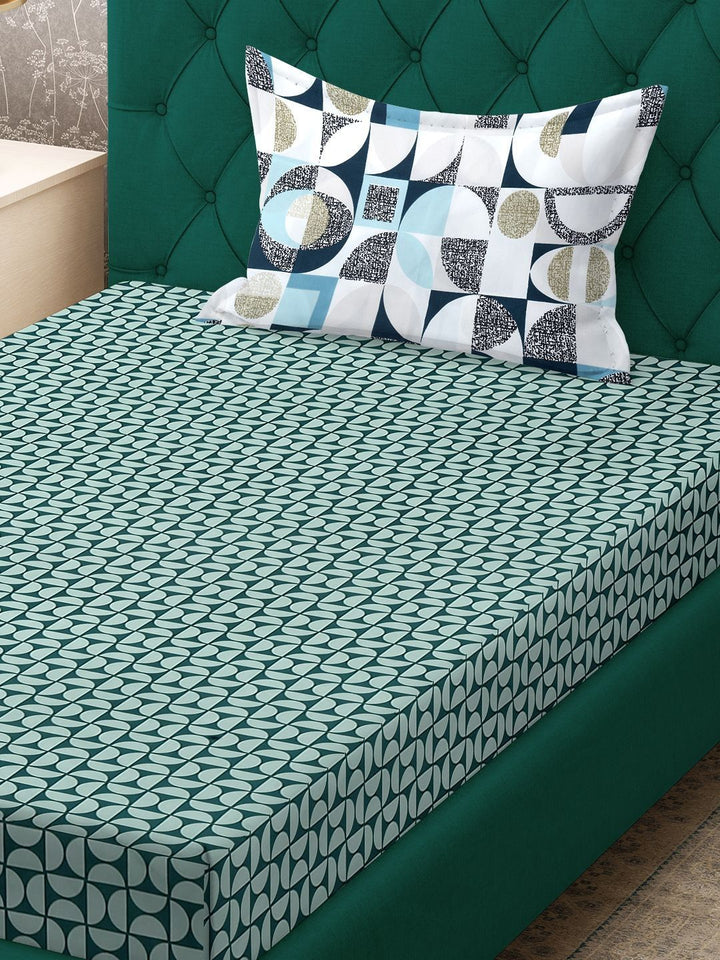 Myntra Elegant Homes Green Geometric 300 TC Single Bedsheet with 1 Pillow Covers