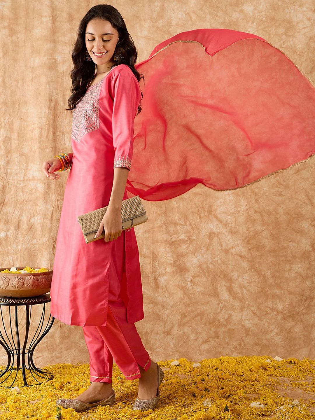 Indo Era Floral Yoke Design Straight Sequinned Kurta with Trousers & Dupatta