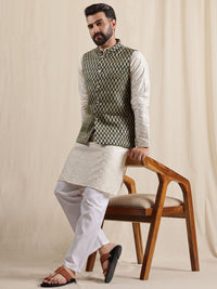 Motif Etnik Anouk Bersulam Kolar Mandarin Kurta Jodhpuri Dengan Piyama & Jaket Nehru