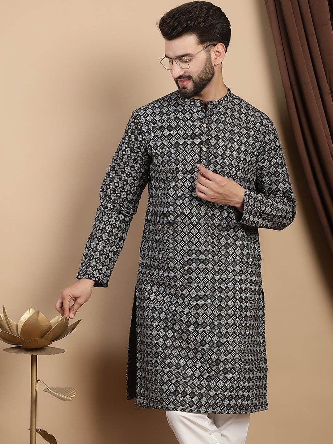 Anouk Black Ethnic Motifs Mandarin Collar Printed Straight Kurta