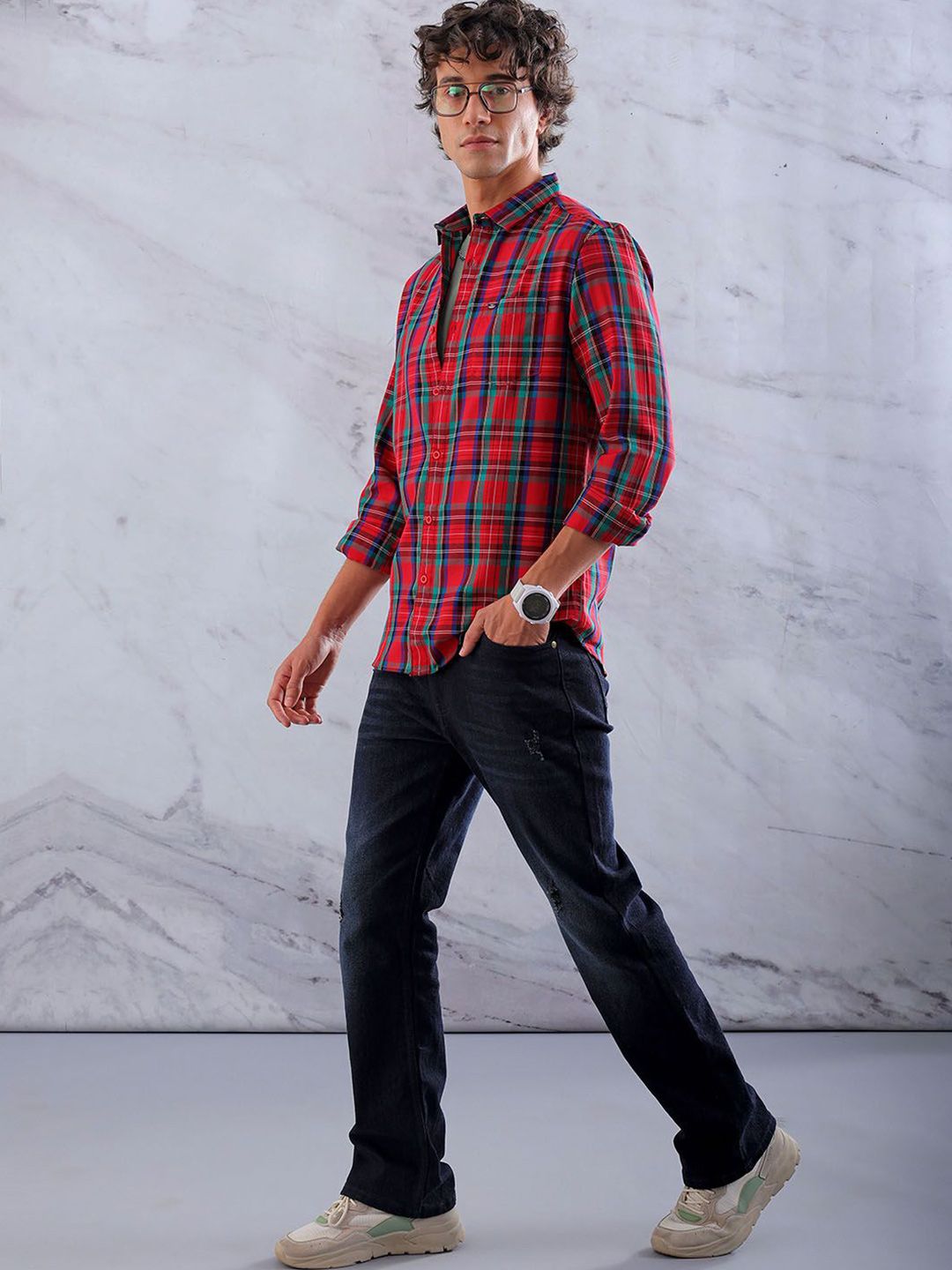 The Indian Garage Co Men Slim Fit Tartan Checks Casual Shirt