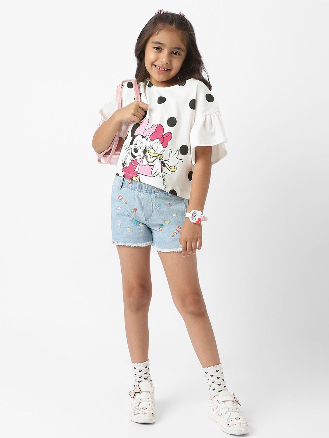 Nauti Nati Disney Girls Cotton Minnie Mouse & Daisy Polka Printed Flare Sleeves Top