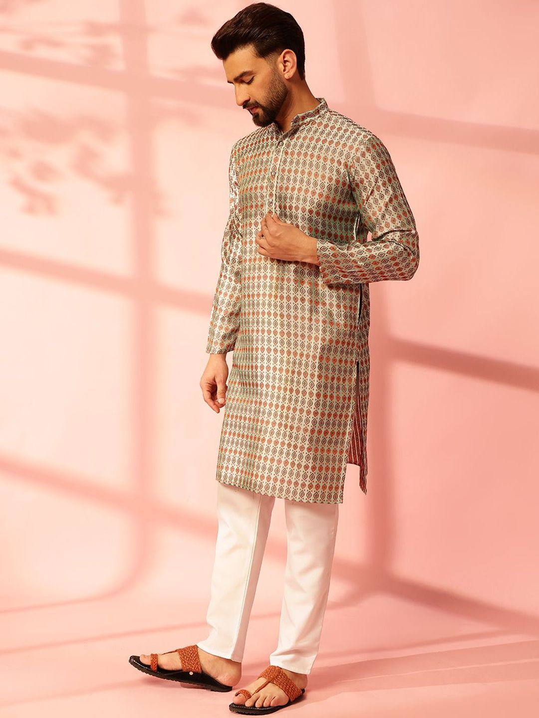 Anouk Ethnic Motifs Printed Mandarin Collar Cotton Silk Straight Kurta