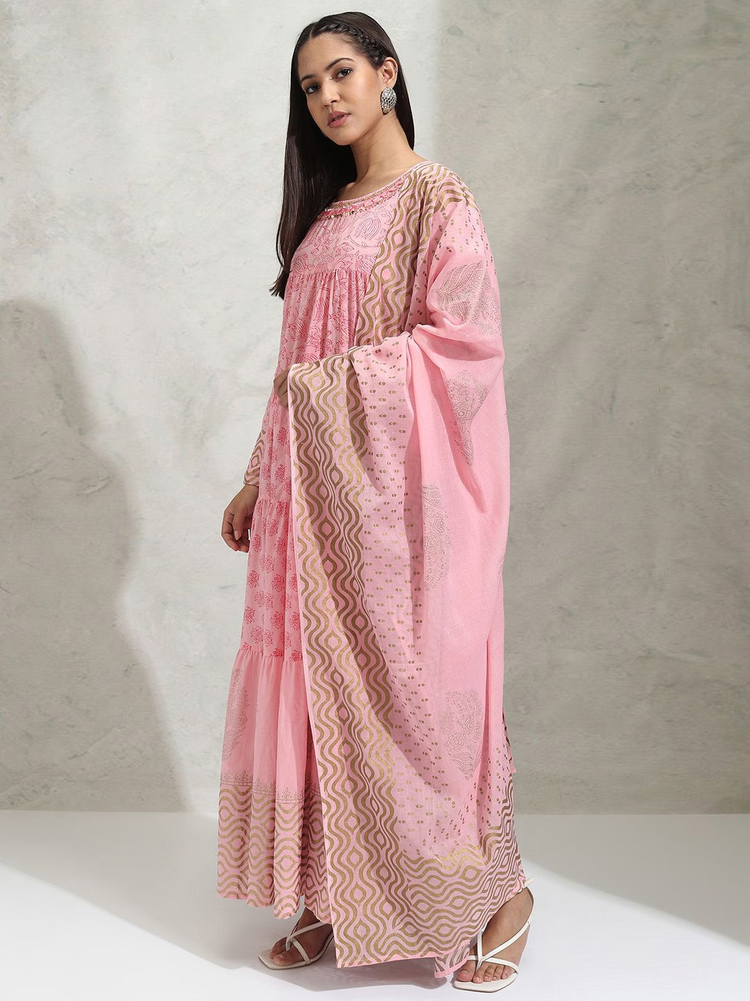Vishudh Ethnic Motif A-line Tiered Maxi Dress With Dupatta