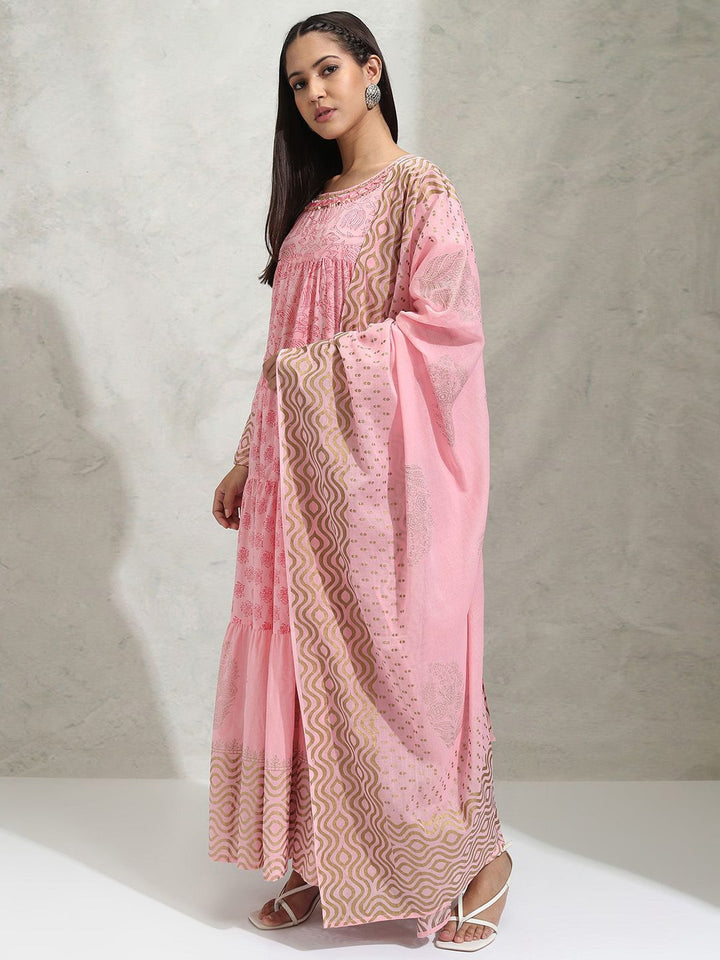 Vishudh Ethnic Motif A-line Tiered Maxi Dress With Dupatta
