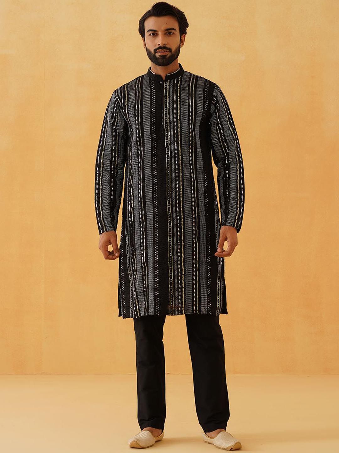 SOJANYA LUXE Striped Embroidered Sequinned Georgette Straight Kurta With Trousers