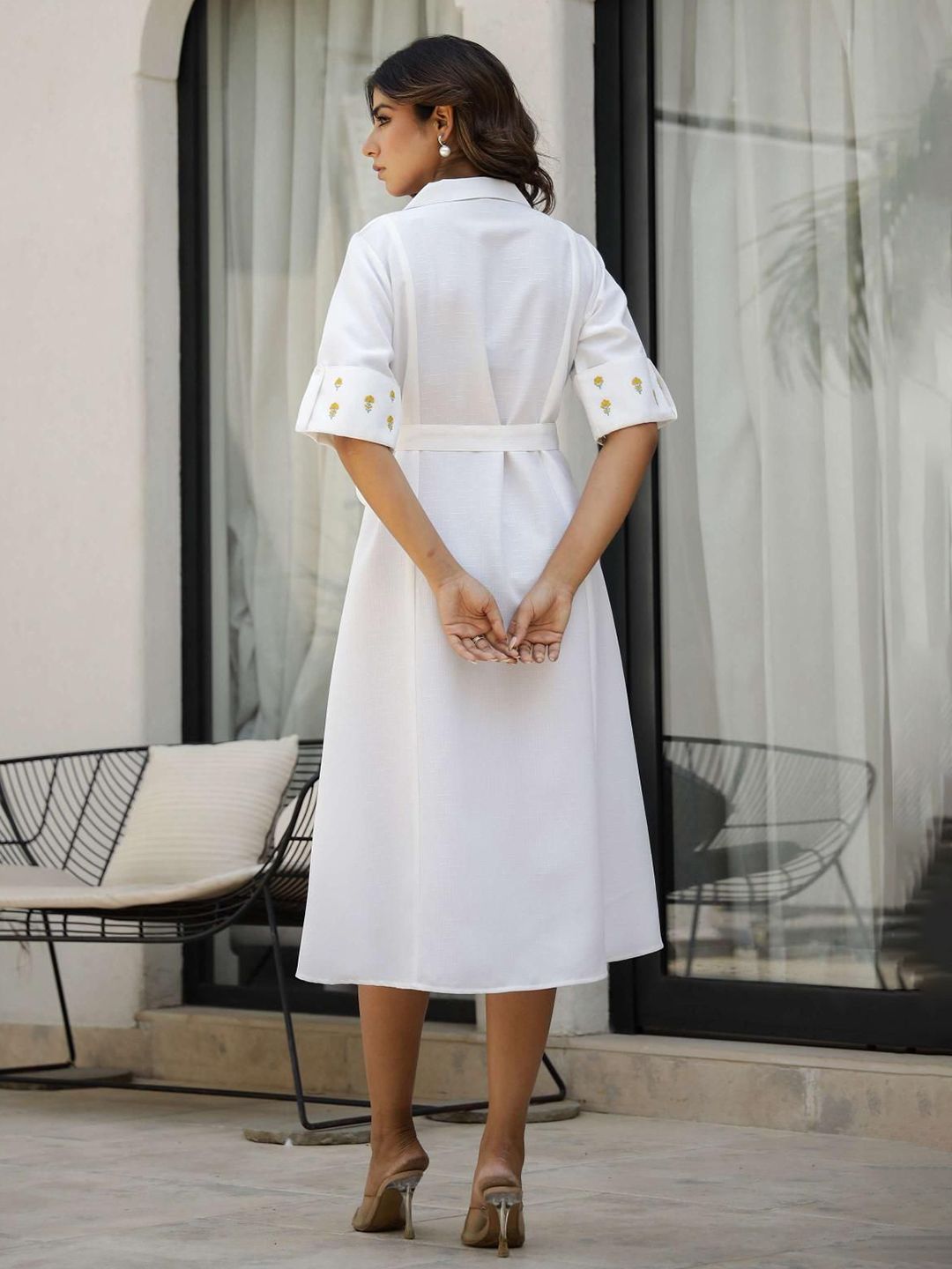 Mamicha Women Floral Embroidered Roll-Up Sleeves Shirt Midi Dress