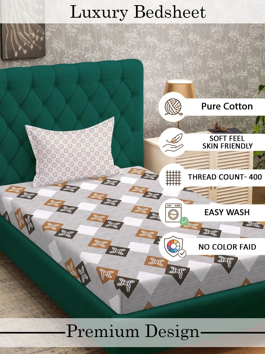 Myntra Elegant Homes Grey Geometric 400 TC Single Bedsheet with 1 Pillow Covers