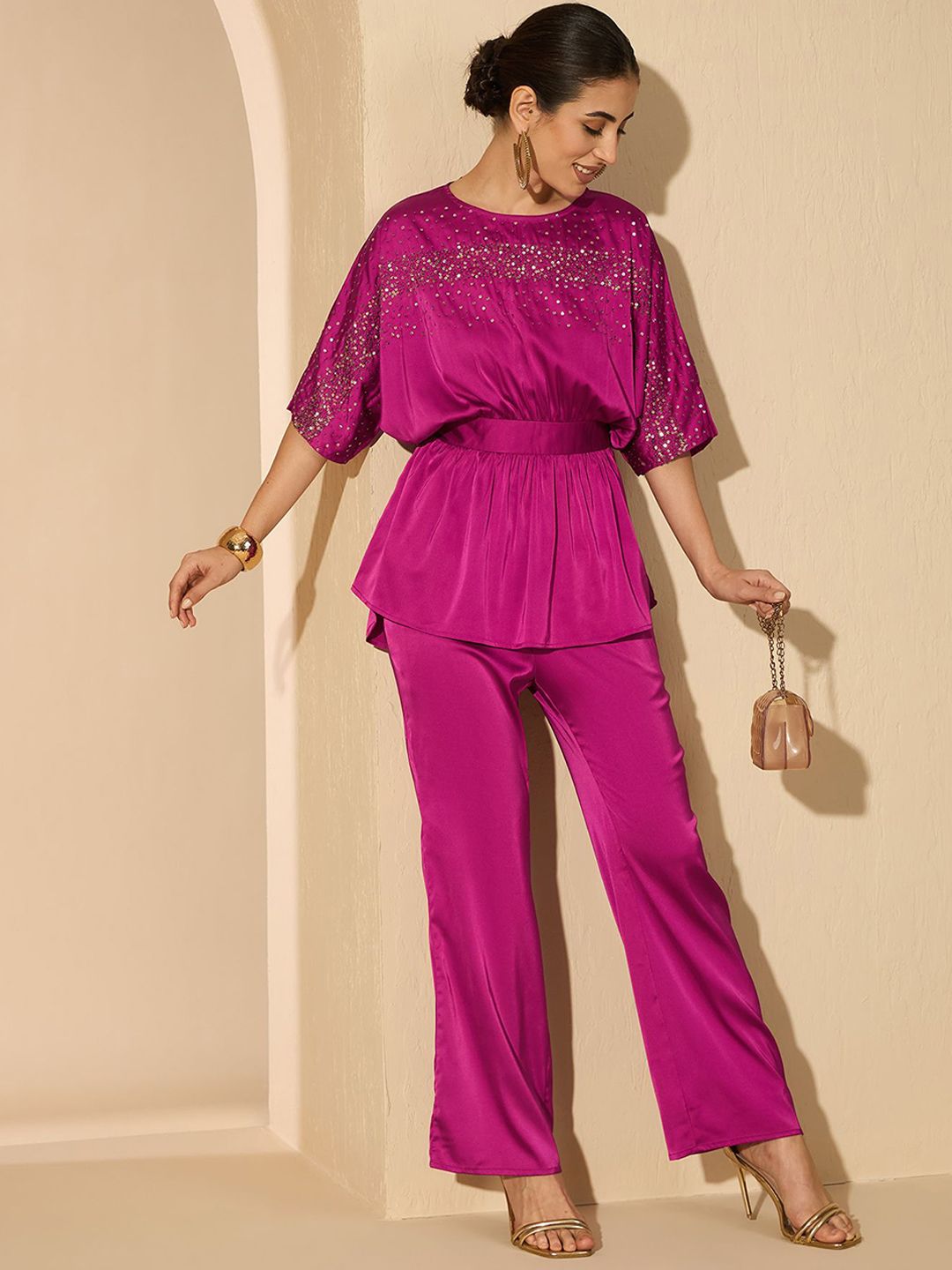 Antheaa Satin Embellished Boat Neck Top With Trousers