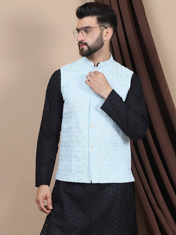 Anouk Black Geometric Woven Design Pure Cotton Straight Kurta & Churidar & Nehru Jacket