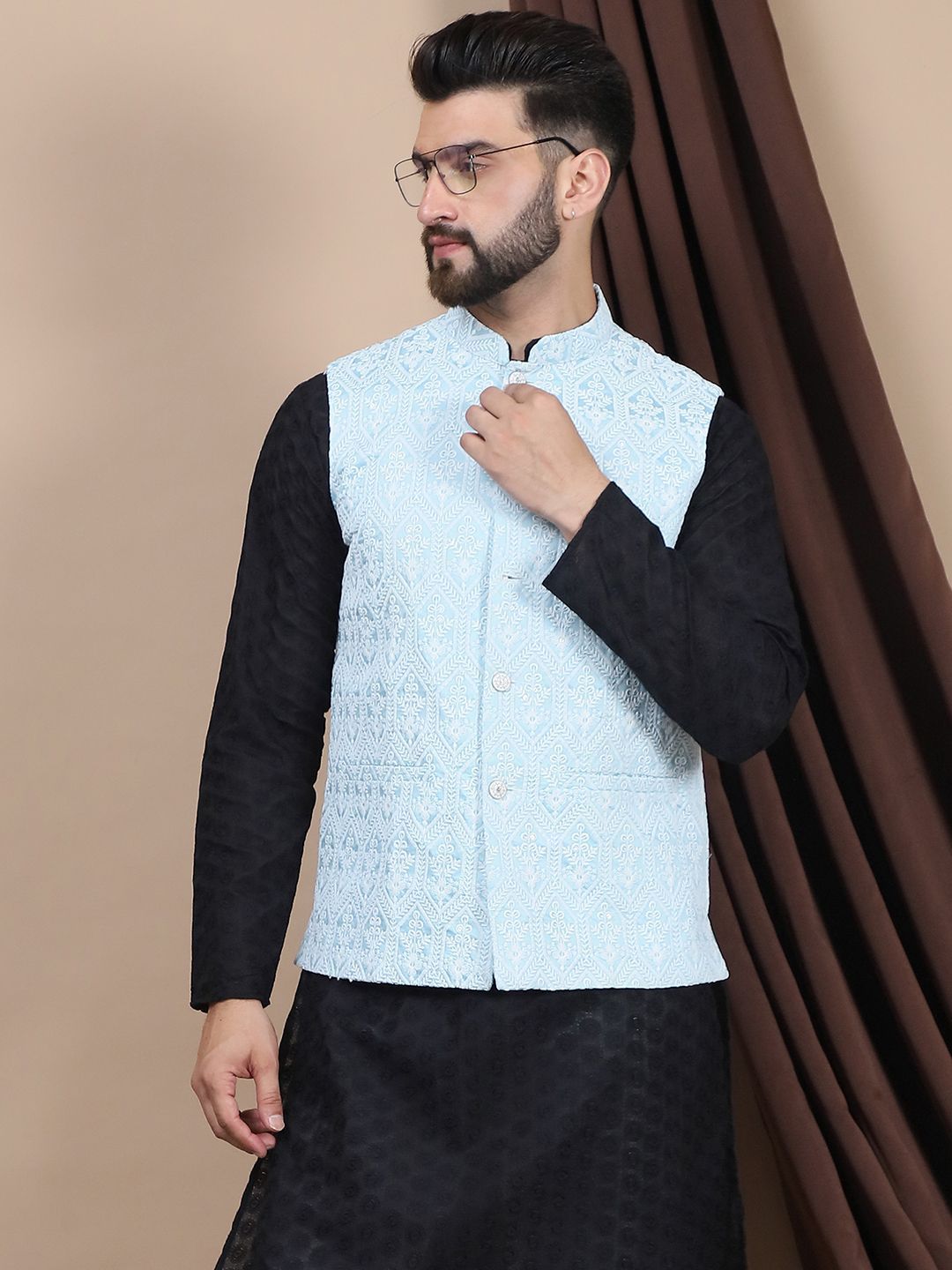 Anouk Black Geometric Woven Design Pure Cotton Straight Kurta & Churidar & Nehru Jacket