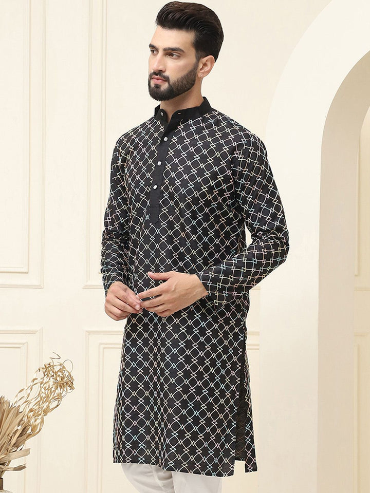 SOJANYA Geometrik Sulam Band Kolar Benang Bekerja Lurus Kurta