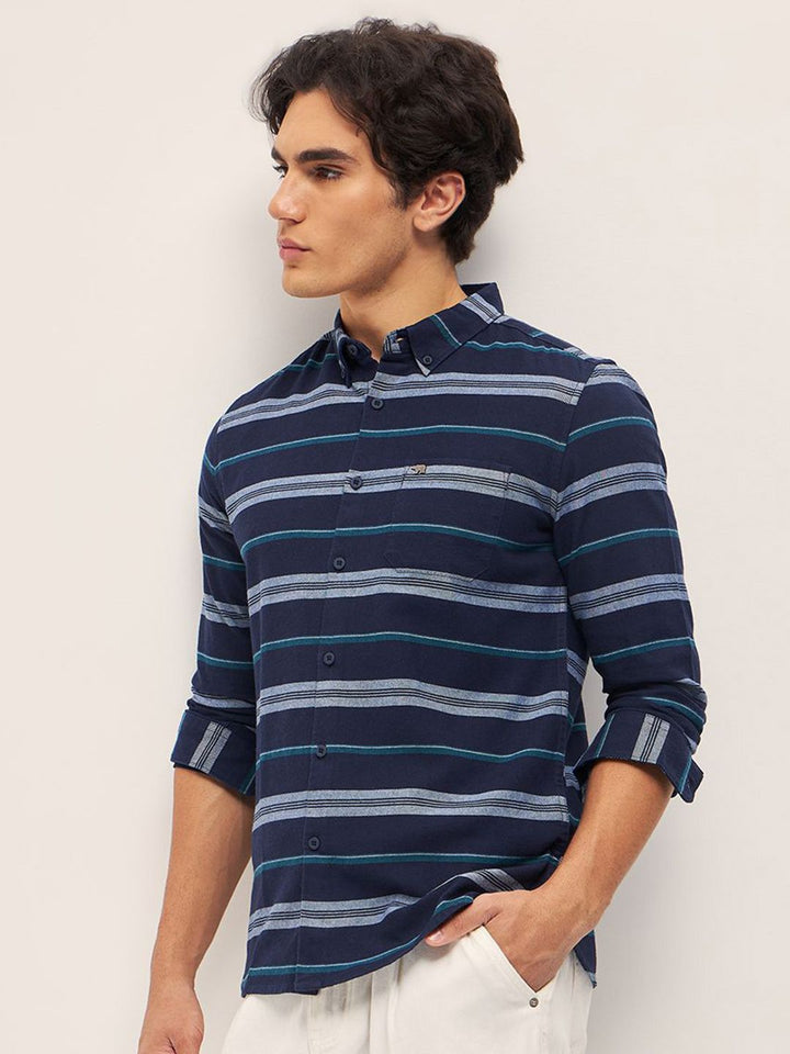THE BEAR HOUSE Pure Cotton Button-Down Collar Multi Striped Slim Fit Casual Shirt