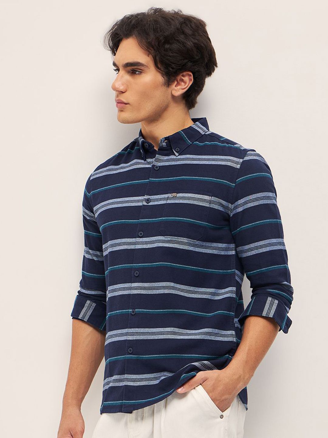 THE BEAR HOUSE Pure Cotton Button-Down Collar Multi Striped Slim Fit Casual Shirt