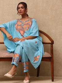 House of Chikankari Women Sky Blue Cotton Aari Embroidered Kaftan Set
