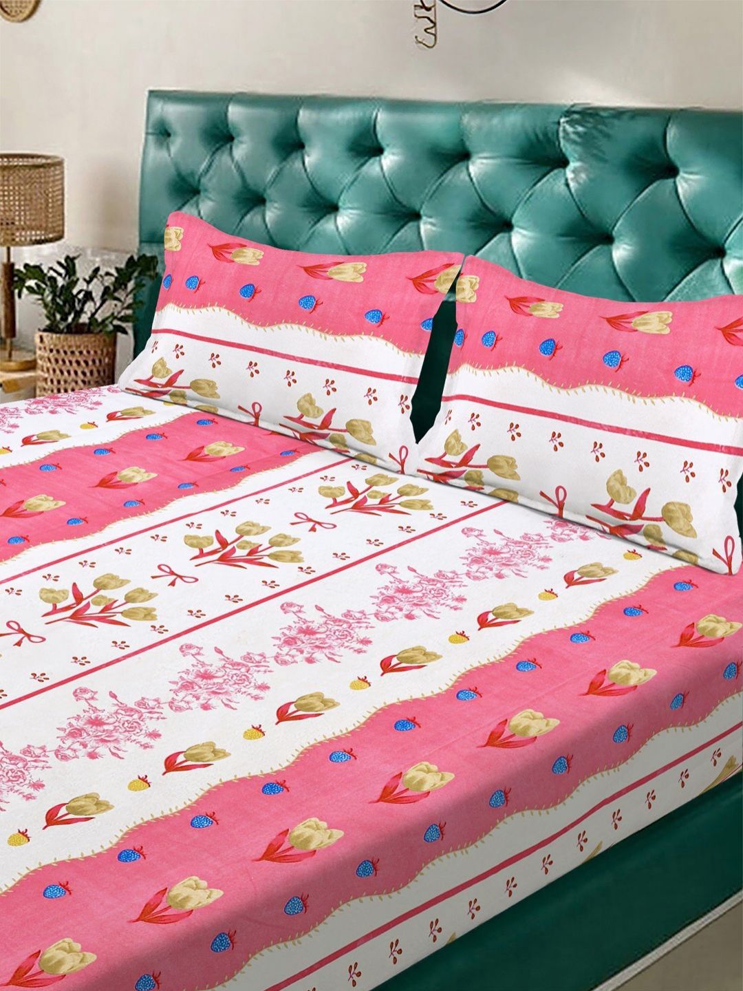 KLOTTHE Merah Jambu Kapas Bunga 300 TC Dilengkapi Cadar King Halus dengan 2 Sarung Bantal-250 x 225 cm