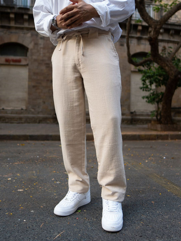 Powerlook Men Beige Pure Cotton Regular Fit Crinkled Trousers