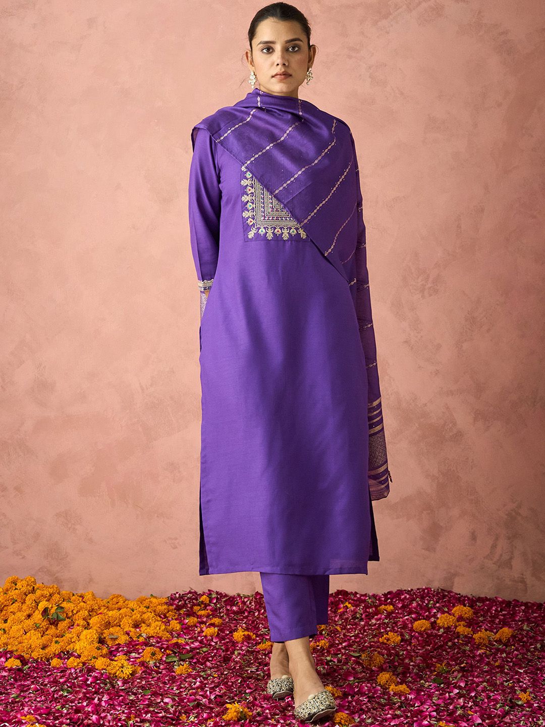 KALINI Ethnic Motifs Embroidered Straight Kurta With Trousers & Dupatta