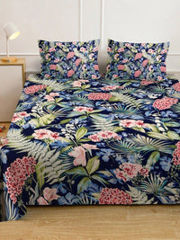 KLOTTHE Blue & Green Floral 300 TC King Bedsheet with 2 Pillow Covers