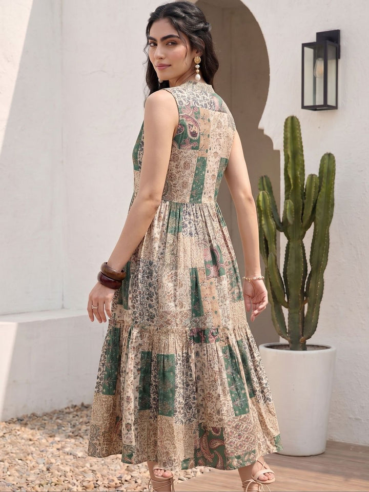 Pakaian Midi A-Line Cetakan Mamicha Bohemian Crepe