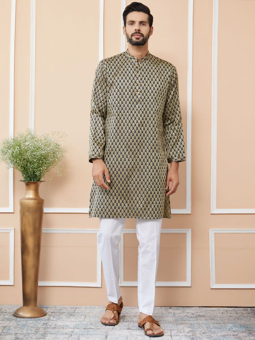 See Designs Ethnic Motifs Woven Design Long Sleeves Regular Straight Kurta & Pyjama