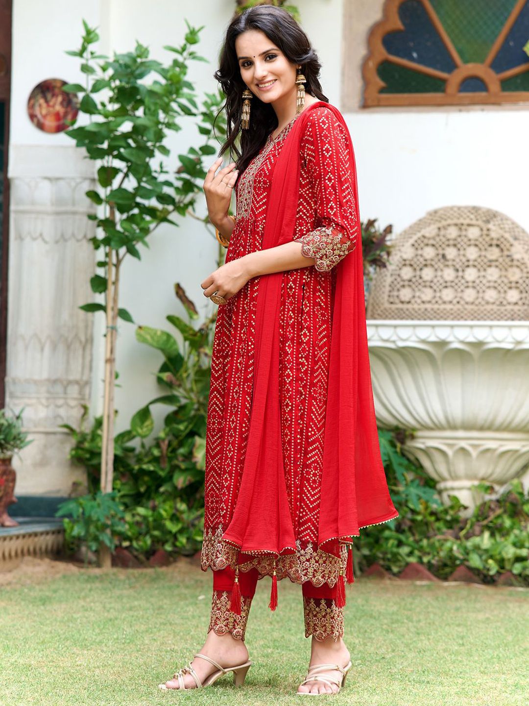 KALINI Women Bandhani Embroidered Panelled Sequinned Kurta with Trousers & With Dupatta