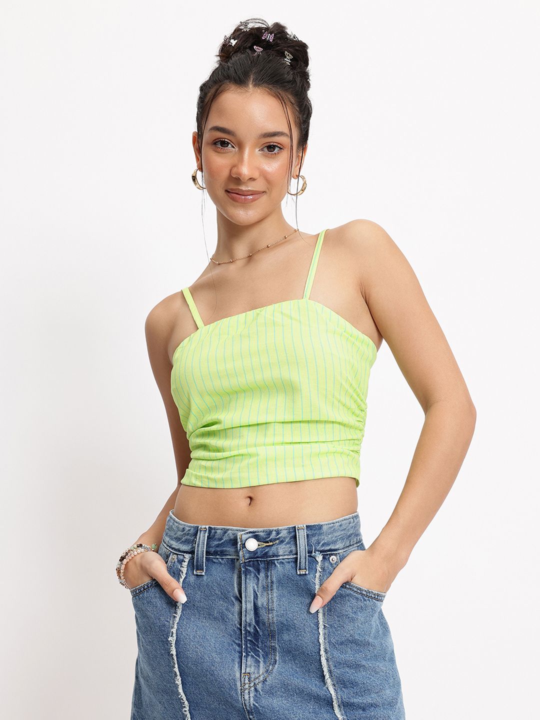DressBerry Glowburst Ruched Striped Crop Top