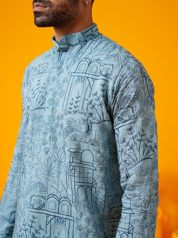 SOJANYA Kurta Kerja Benang Sulam Bunga Lelaki