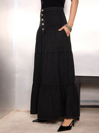 SASSAFRAS Women Denim Flared Maxi Skirts