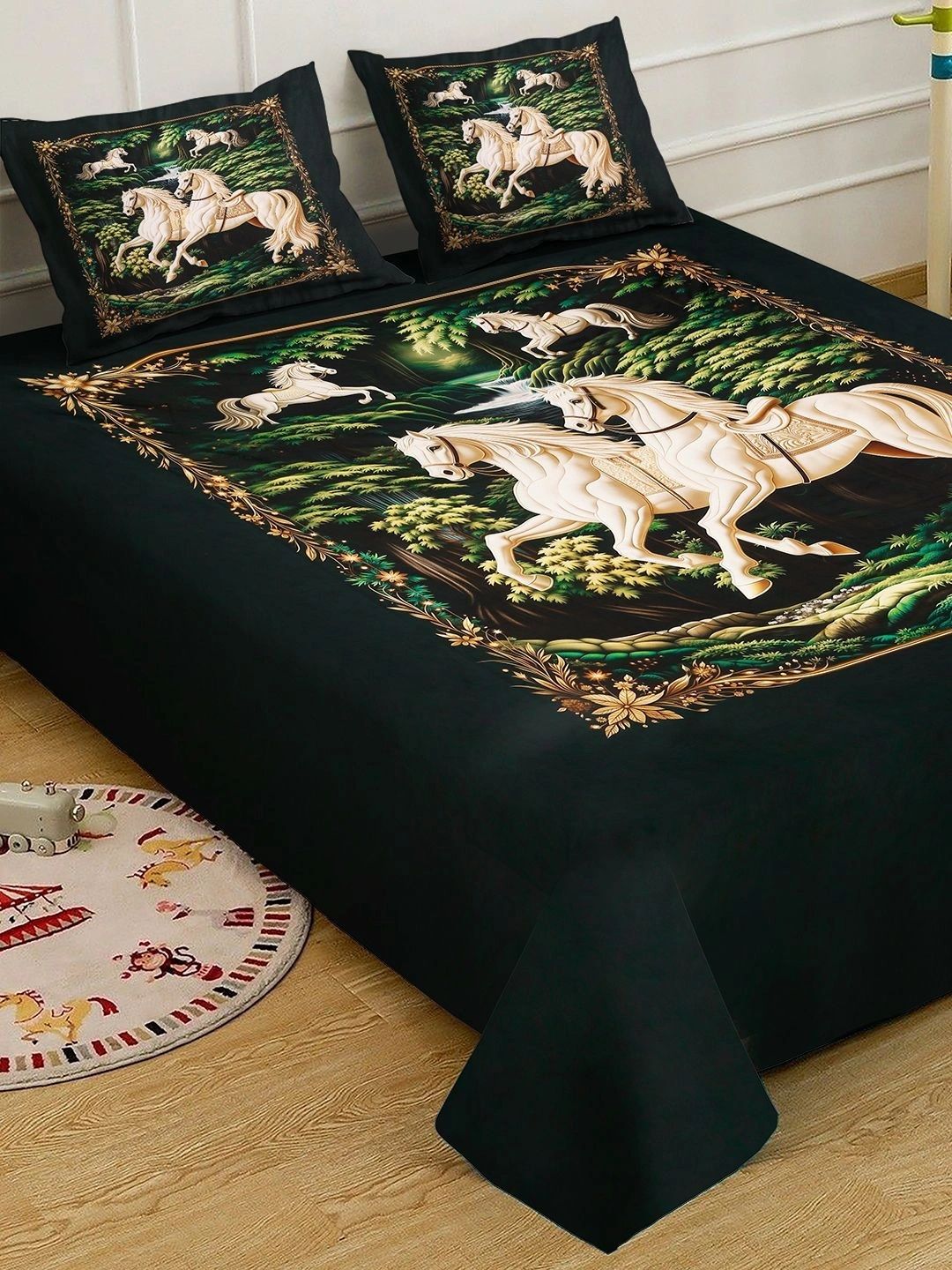 Myntra Elegant Homes Green & Black 400 TC King Bedsheet with 2 Pillow Covers