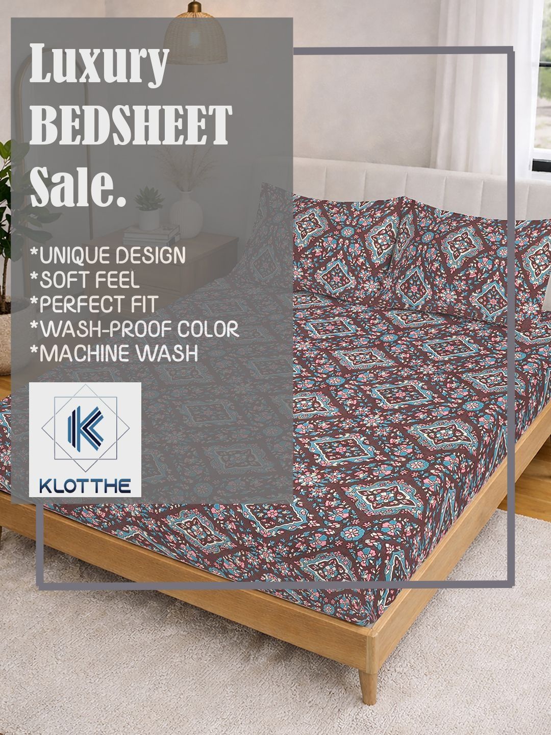 KLOTTHE Brown Printed Fitted Double Bedsheet