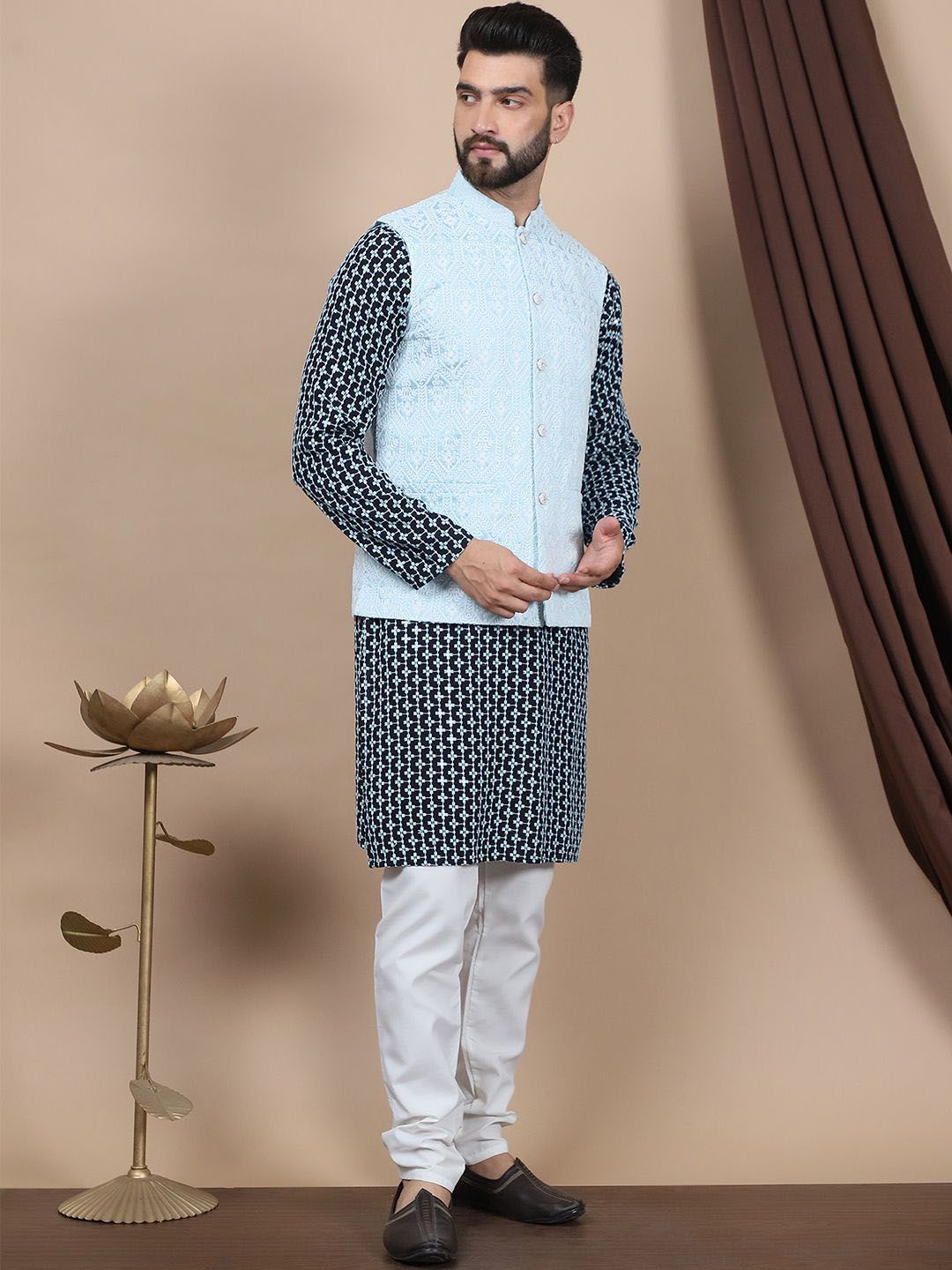 Anouk Blue Ethnic Motifs Embroidered Straight Thread Work Pure Cotton Kurta with Churidar