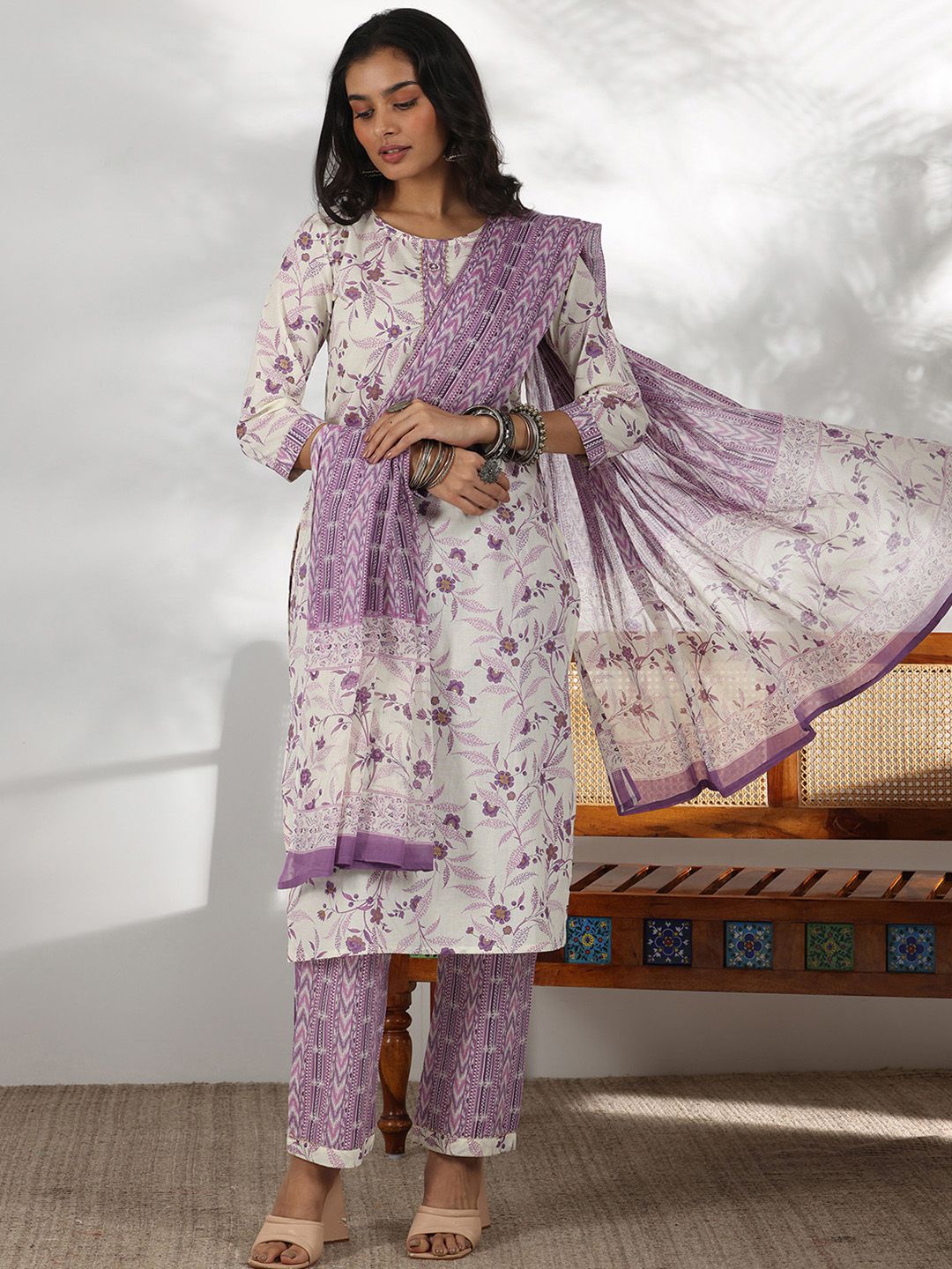 Libas Floral Printed Gotta Patti Pure Cotton Straight Kurta with Trousers & Dupatta