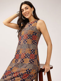 Anouk Navy Blue Floral Printed Pure Cotton Straight Kurta With Trousers