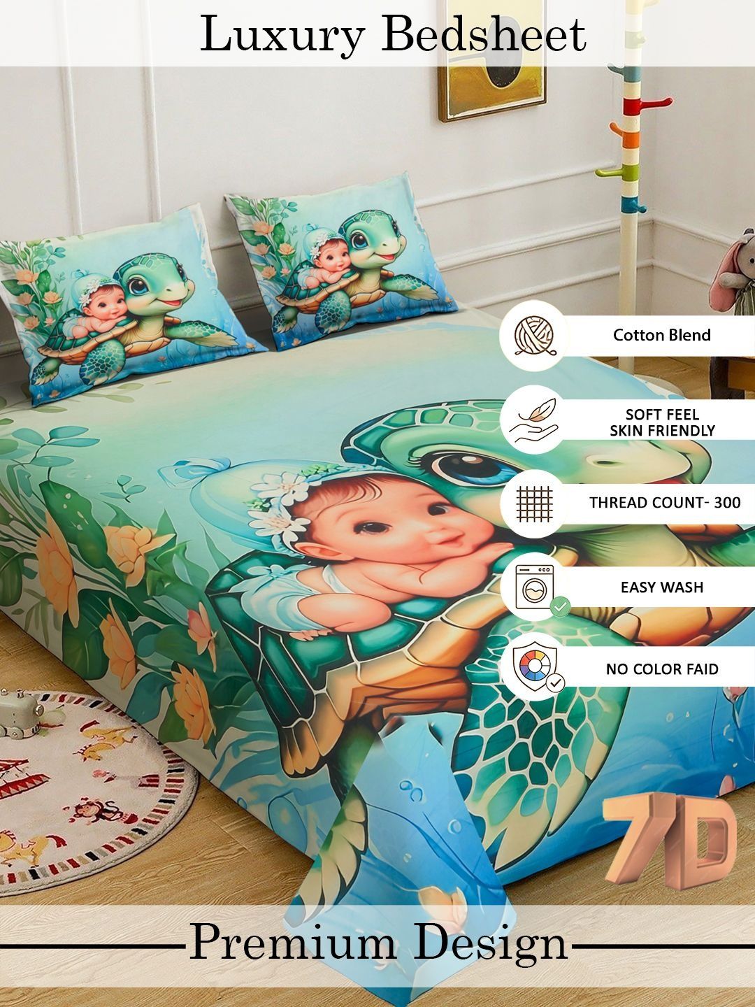 Myntra Elegant Homes Green Cartoon Print 300TC Super King Double Bedsheet & 2 Sarung Bantal