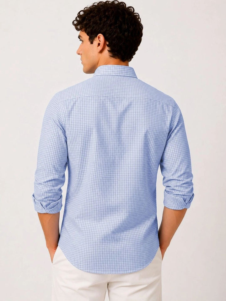 ADRO Men Sky Blue & White Mini Checked Regular Fit Casual Cotton Shirt