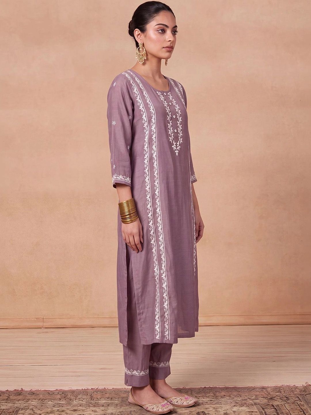 House of Chikankari Women Ethnic Motifs Embroidered Regular Thread Work Kurta with Trousers